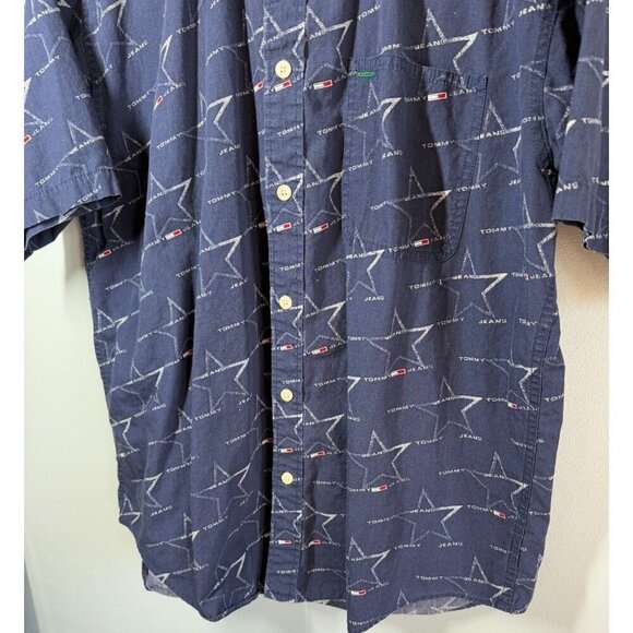 Tommy Hilfiger Mens Y2K Navy Blue Logo Casual Button Up Short Sleeve Shirt Large - Picture 4 of 9